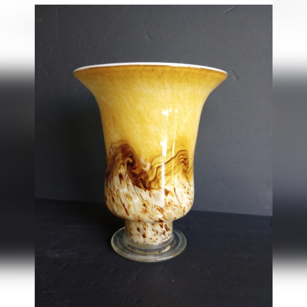 Art Glass Vase Tortoise Shell Large 9.5" Heavy Vintage Handblown Retro” See Desc